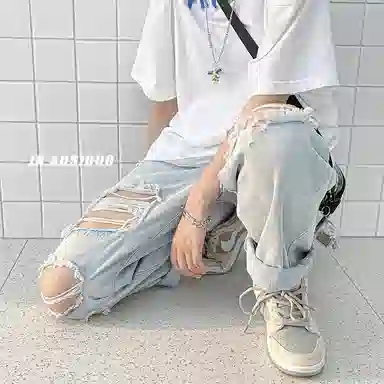 零氏 破洞垂感宽松阔腿休闲薄款 牛仔裤 男女同款