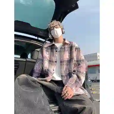 零氏 美式复古做旧扎染渐变格子衬衣宽松时尚休闲舒适外套翻领单排扣简约户外情侣衫学院潮流痞帅长袖衬衫 男女同款