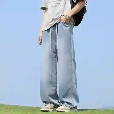 零氏 复古美式水洗抽绳做旧宽松拖地薄款牛仔裤 男女同款
