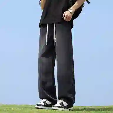 零氏 复古美式水洗抽绳做旧宽松拖地薄款牛仔裤 男女同款