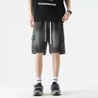 零氏 美式高街大口袋设计感水洗做旧设计感青春时尚潮流休闲直筒阔腿裤子工装牛仔短裤 男女同款