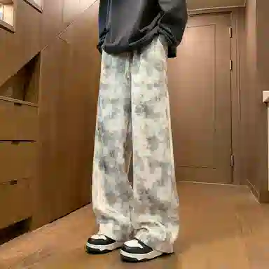 零氏 简约百搭扎染美式复古日常通勤宽松系带拖地直筒休闲裤 男女同款