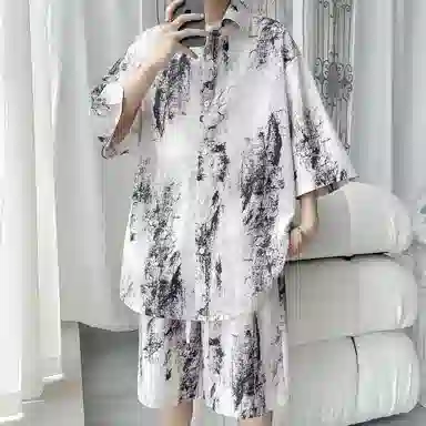 零氏 清心竹植物花卉印花图案透气翻领纽扣国潮中国风短袖短裤运动-套衬衫套装 男女同款