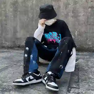 零氏 拼接泼墨复古做旧水洗宽松直筒牛仔裤 男女同款