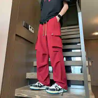 零氏 美式复古基础款冰丝凉感高街纯色简约出行褶皱裤子户外机能风大口袋松紧系带降落伞裤显瘦宽松阔腿直筒工装休闲裤 男女同款
