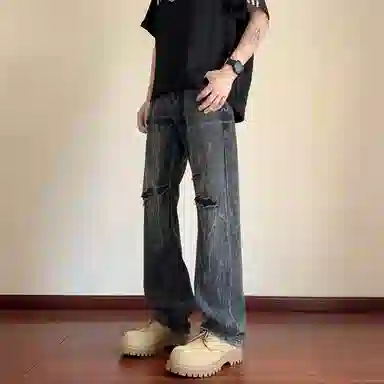 零氏 设计感水洗做旧复古美式高街休闲百搭宽松时尚直筒微喇牛仔裤 男女同款