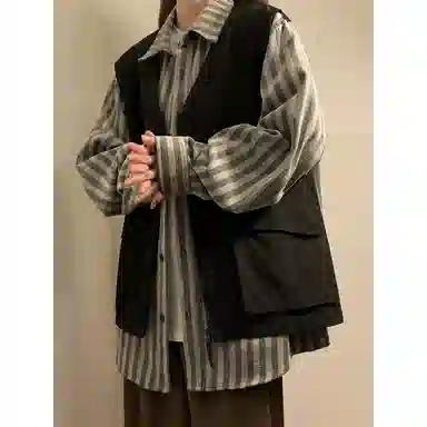零氏 日系潮流假两件工装条纹设计感翻领宽松舒适百搭时尚运动长袖衬衫 男女同款