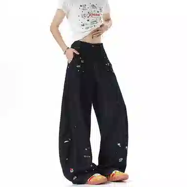 零氏 美式复古水洗卡通刺绣设计宽松百搭时尚休闲拖地长裤子显瘦显高潮牌经典高街阔腿弯刀牛仔裤 男女同款
