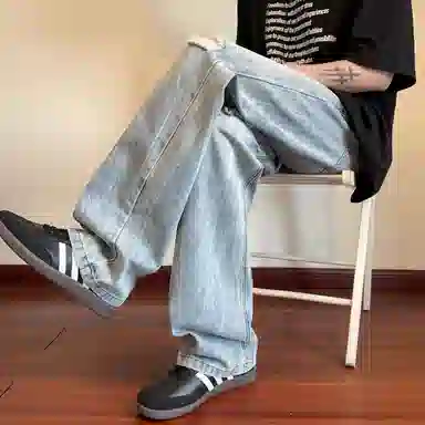 零氏 设计感水洗做旧复古美式高街休闲百搭宽松时尚直筒微喇牛仔裤 男女同款