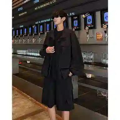 零氏 美式高级感品质纯色痞帅松弛感舒适亲肤透气轻薄外套健身跑步速干工装短裤懒人搭配一套休闲运动套装 男女同款