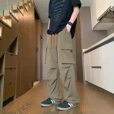 零氏 美式复古基础款冰丝凉感高街纯色简约出行褶皱裤子户外机能风大口袋松紧系带降落伞裤显瘦宽松阔腿直筒工装休闲裤 男女同款