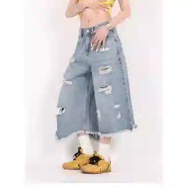 零氏 美式复古破洞流苏不规则设计感小众潮七分阔腿裤牛仔短裤 男女同款