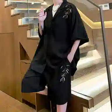 零氏 新中式国风墨竹古风唐装设计休闲日常薄款凉感短袖衬衫套装 男女同款