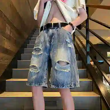 零氏 美式复古夏季破洞高街水洗磨毛基础款直筒潮牌潮流宽松休闲中裤子五分牛仔短裤 男女同款