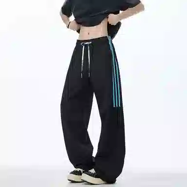 零氏 美式高街撞色简约侧边三条杠条纹拼接复古阔腿学院风青年直筒中腰系带宽松薄款透气时尚百搭长裤子休闲裤 男女同款