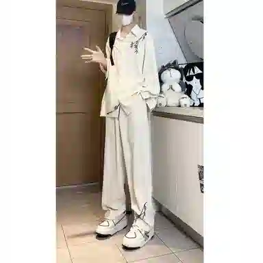 零氏 新中式国风垂感竹子刺绣上衣休闲舒适松紧腰长袖长裤衬衫套装 男女同款