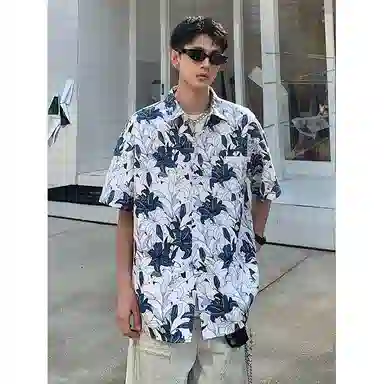 零氏 旅行度假潮流时尚印花舒适休闲基础短袖百搭宽松慵懒衬衫 男女同款