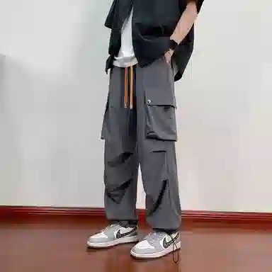 零氏 美式复古基础款冰丝凉感高街纯色简约出行褶皱裤子户外机能风大口袋松紧系带降落伞裤显瘦宽松阔腿直筒工装休闲裤 男女同款