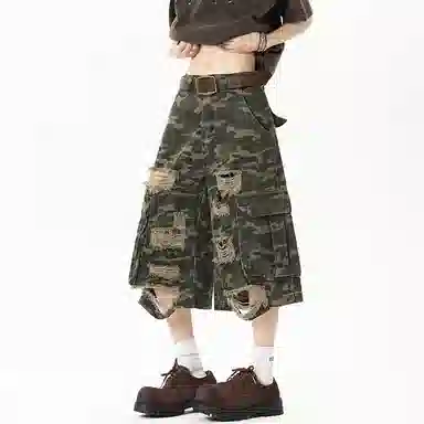 零氏 美式口袋拼接设计感高街百搭废土毛边破洞伐木裤机能风户外直筒休闲工装七分牛仔短裤 男女同款