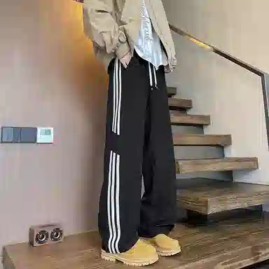 零氏 美式高街复古潮流三条纹撞色对称设计感折痕刺绣系带宽松百搭直筒运动裤休闲裤 男女同款