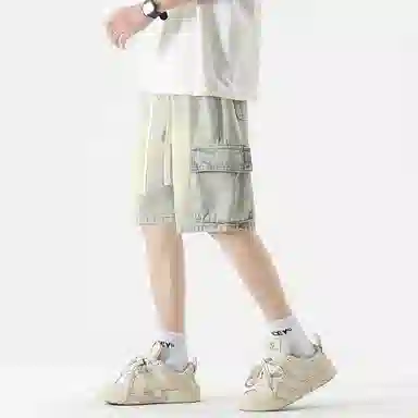 零氏 美式高街大口袋设计感水洗做旧设计感青春时尚潮流休闲直筒阔腿裤子工装牛仔短裤 男女同款