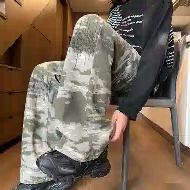 零氏 美式高街街头嘻哈风做旧迷彩休闲痞帅纽扣设计感舒适直筒阔腿独特无性别主义氛围感日常出勤工装裤 男女同款
