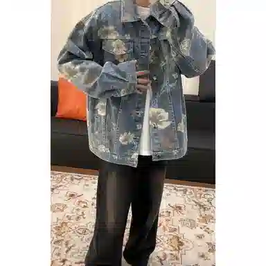 零氏 高街美式印花翻领时尚潮流百搭宽松牛仔外套 男女同款