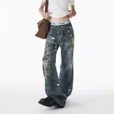 零氏 美式复古潮流水洗做旧泼墨链条印花设计休闲百搭高街小众直筒微喇牛仔裤 男女同款