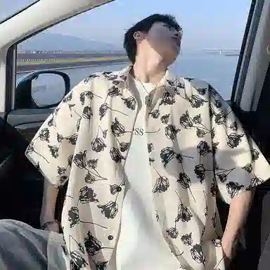 零氏 美式复古玫瑰满印宽松翻领冰感顺滑简约冰丝凉感垂感宽松高街简约衫衬衫 男女同款