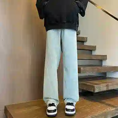 零氏 美式复古潮流水洗做旧简约基础款长裤高街潮牌宽松百搭舒适休闲微喇直筒阔腿牛仔裤 男女同款