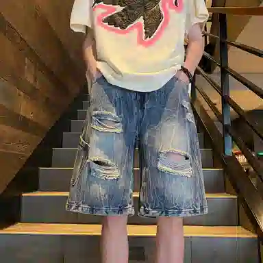 零氏 美式复古夏季破洞高街水洗磨毛基础款直筒潮牌潮流宽松休闲中裤子五分牛仔短裤 男女同款