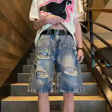 零氏 美式复古夏季破洞高街水洗磨毛基础款直筒潮牌潮流宽松休闲中裤子五分牛仔短裤 男女同款