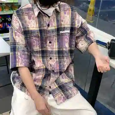 零氏 美式复古扎染刺绣格子薄款宽松休闲高级感痞帅短袖衬衫 男女同款