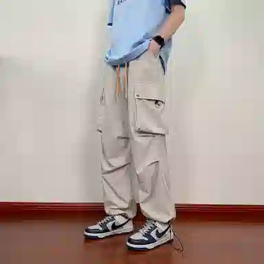 零氏 美式复古基础款冰丝凉感高街纯色简约出行褶皱裤子户外机能风大口袋松紧系带降落伞裤显瘦宽松阔腿直筒工装休闲裤 男女同款