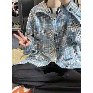 零氏 日系复古少年感简约基础感多巴胺宽松百搭翻领纽扣口袋设计垂感外穿多彩格纹长袖衬衫 男女同款
