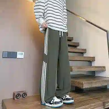 零氏 美式高街复古潮流三条纹撞色对称设计感折痕刺绣系带宽松百搭直筒运动裤休闲裤 男女同款