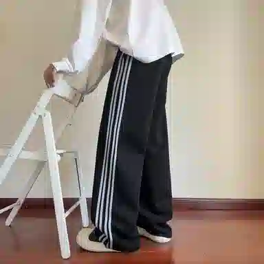 零氏 美式潮牌拼接条纹撞色舒适百搭卫裤垂感拖地宽松阔腿休闲裤 男女同款