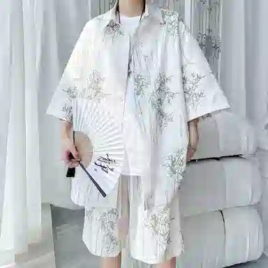 零氏 清心竹植物花卉印花图案透气翻领纽扣国潮中国风短袖短裤运动-套衬衫套装 男女同款