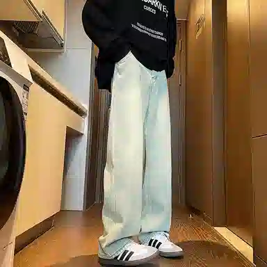 零氏 美式复古潮流水洗做旧简约基础款长裤高街潮牌宽松百搭舒适休闲微喇直筒阔腿牛仔裤 男女同款
