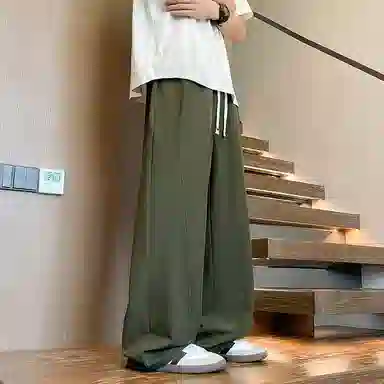 零氏 纯色基础款垂感阔腿宽松抽绳拖地冰丝休闲裤 男女同款