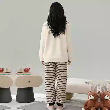 棉基因 舒适亲肤长袖保暖加厚半边绒简约长裤家居服睡衣套装 男女同款