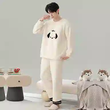 棉基因 舒适亲肤长袖保暖加厚半边绒简约长裤家居服睡衣套装 男女同款