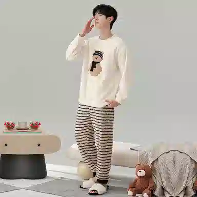 棉基因 舒适亲肤长袖保暖加厚半边绒简约长裤家居服睡衣套装 男女同款