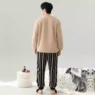 棉基因 舒适亲肤长袖保暖加厚半边绒简约长裤家居服睡衣套装 男女同款