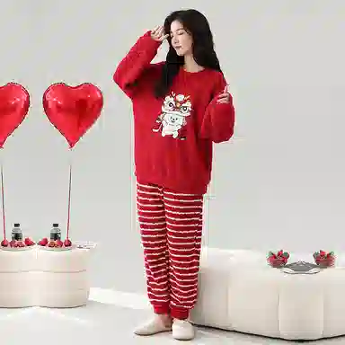 棉基因 舒适亲肤长袖保暖加厚半边绒简约长裤家居服睡衣套装 男女同款