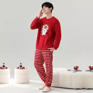棉基因 舒适亲肤长袖保暖加厚半边绒简约长裤家居服睡衣套装 男女同款