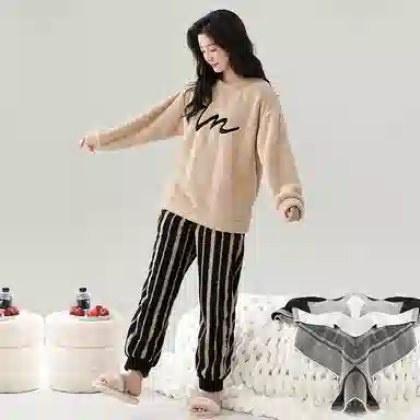 棉基因 舒适亲肤长袖保暖加厚半边绒简约长裤家居服睡衣套装 男女同款