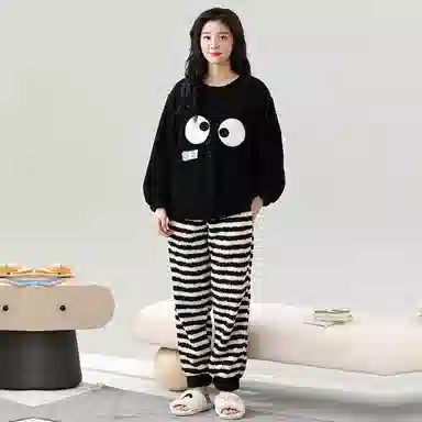 棉基因 舒适亲肤长袖保暖加厚半边绒简约长裤家居服睡衣套装 男女同款