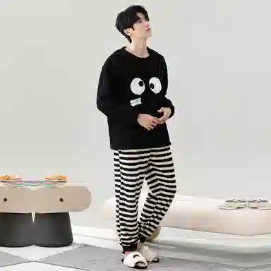 棉基因 舒适亲肤长袖保暖加厚半边绒简约长裤家居服睡衣套装 男女同款