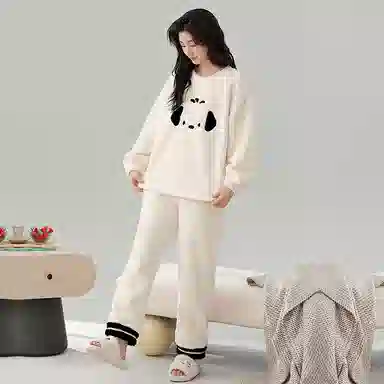 棉基因 舒适亲肤长袖保暖加厚半边绒简约长裤家居服睡衣套装 男女同款